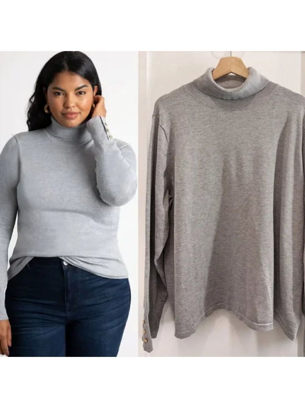 Eloquii | Women's Button-cuff turtleneck sweater in dove grey